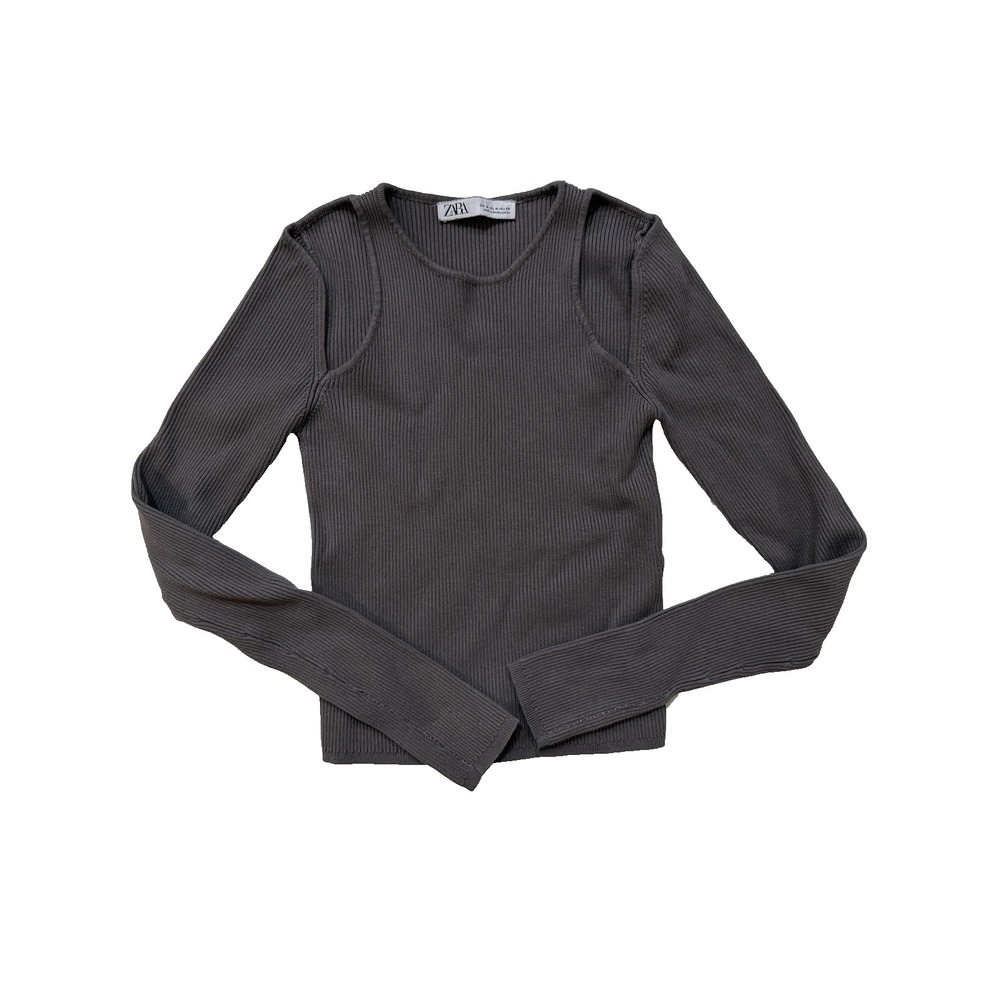 Zara Shirt Womens Medium Gray Ribbed Knit Long Sleeve Stretch‎ Crewneck Fitted